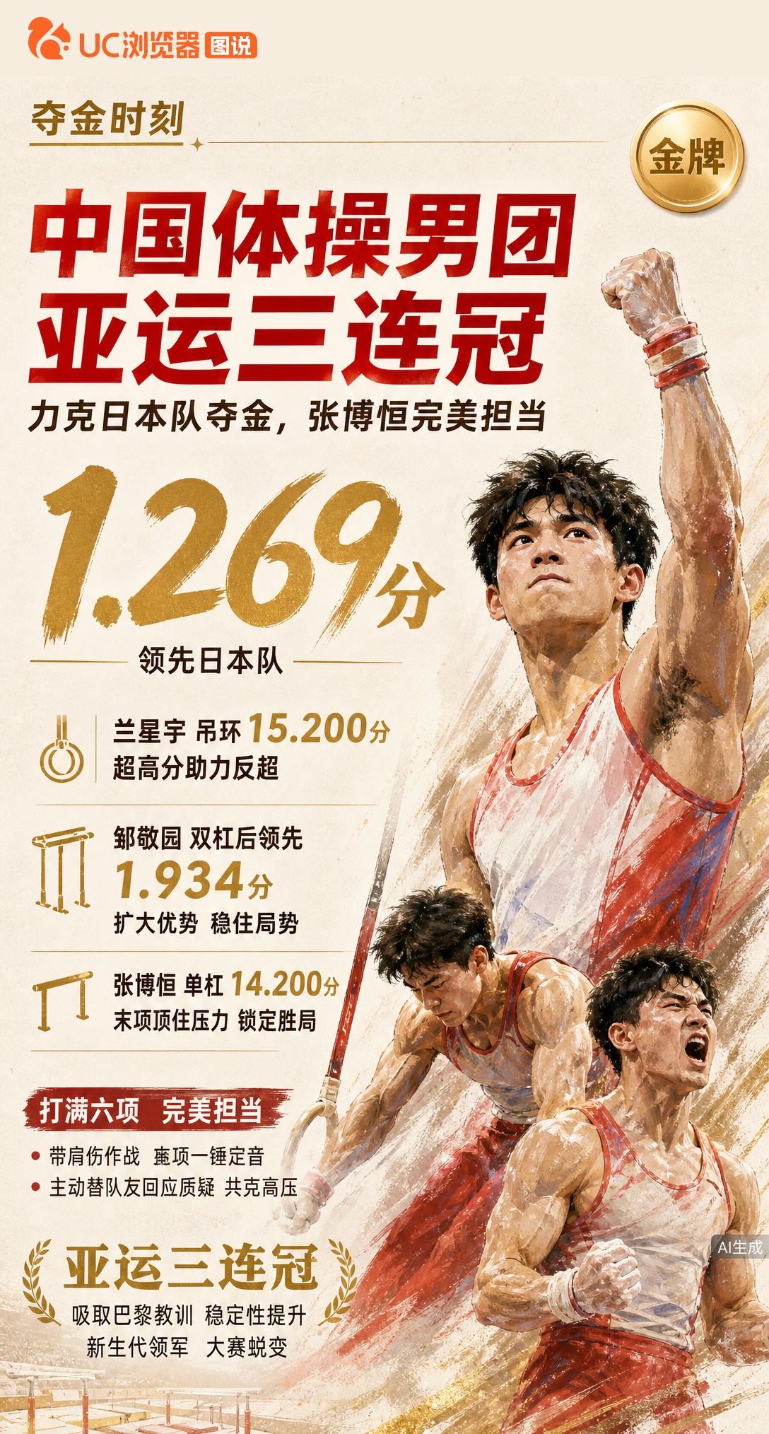 亚运男团三连冠！中国队力克日本队夺冠，张博恒带肩伤打满六项，末轮单杠14.200分顶住压力锁定胜局，