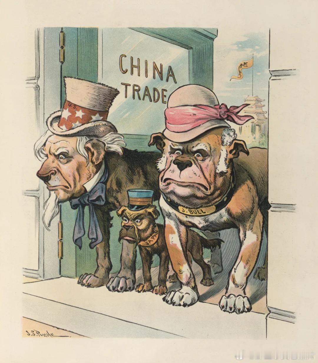 1902年的讽刺漫画三只狗象征美、英、日等列强，将中国视为争夺贸易利益的“门户”