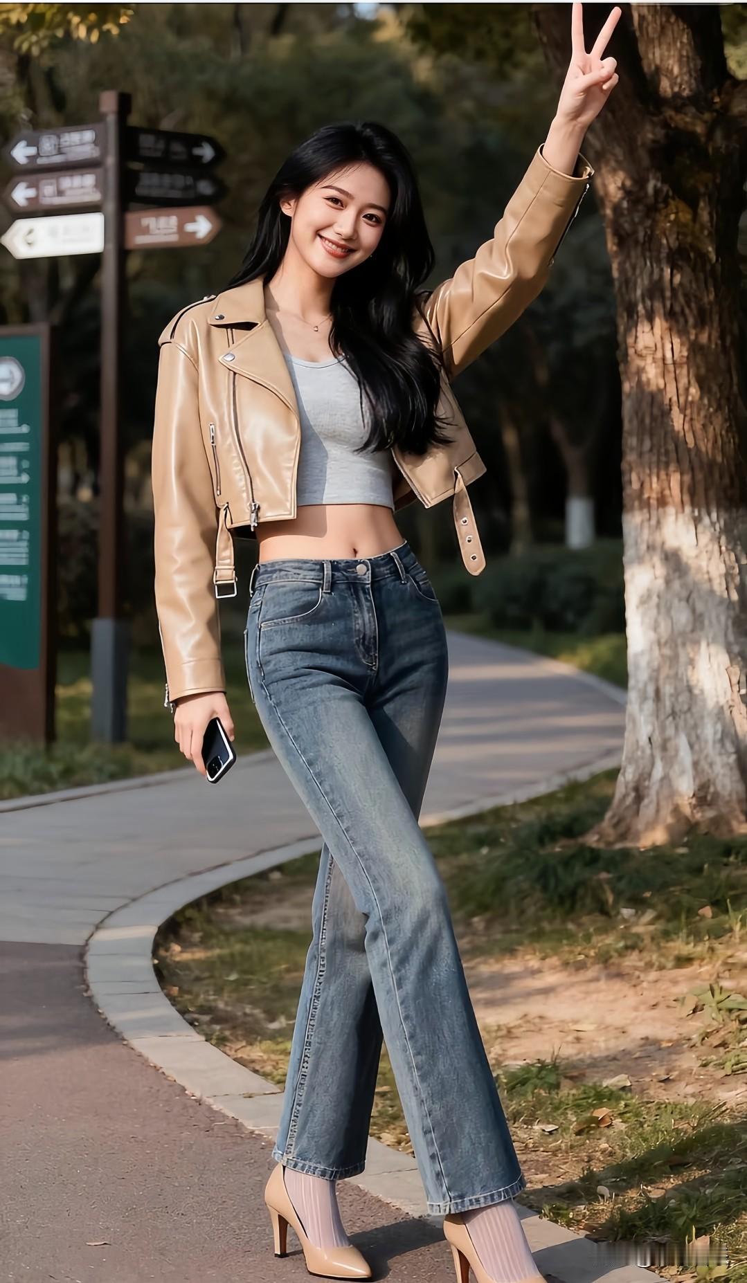 公园酷飒抓拍📸皮夹克配牛仔裤，时髦又保暖，气场全开👗👖👠。分享你的随手