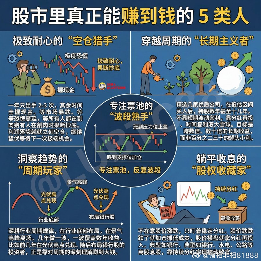 股市里真正能赚到钱的5类人1⃣极致耐心的“空仓猎手”一年只出手2-3次