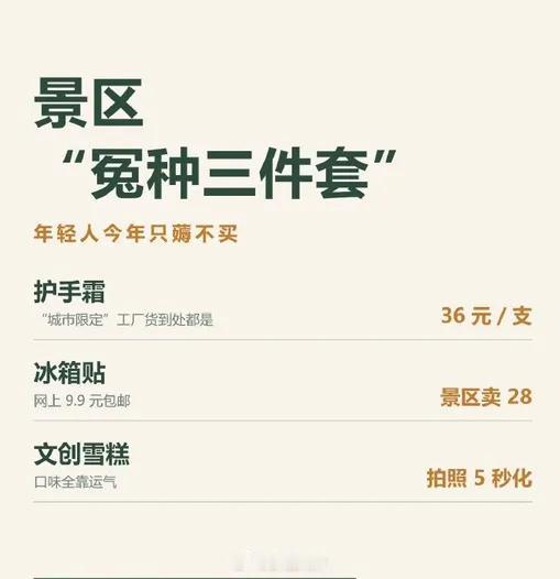 假期最后一天，有人在网上搞了一个调研，你是否买过景区“冤种三件套”：1.护手霜