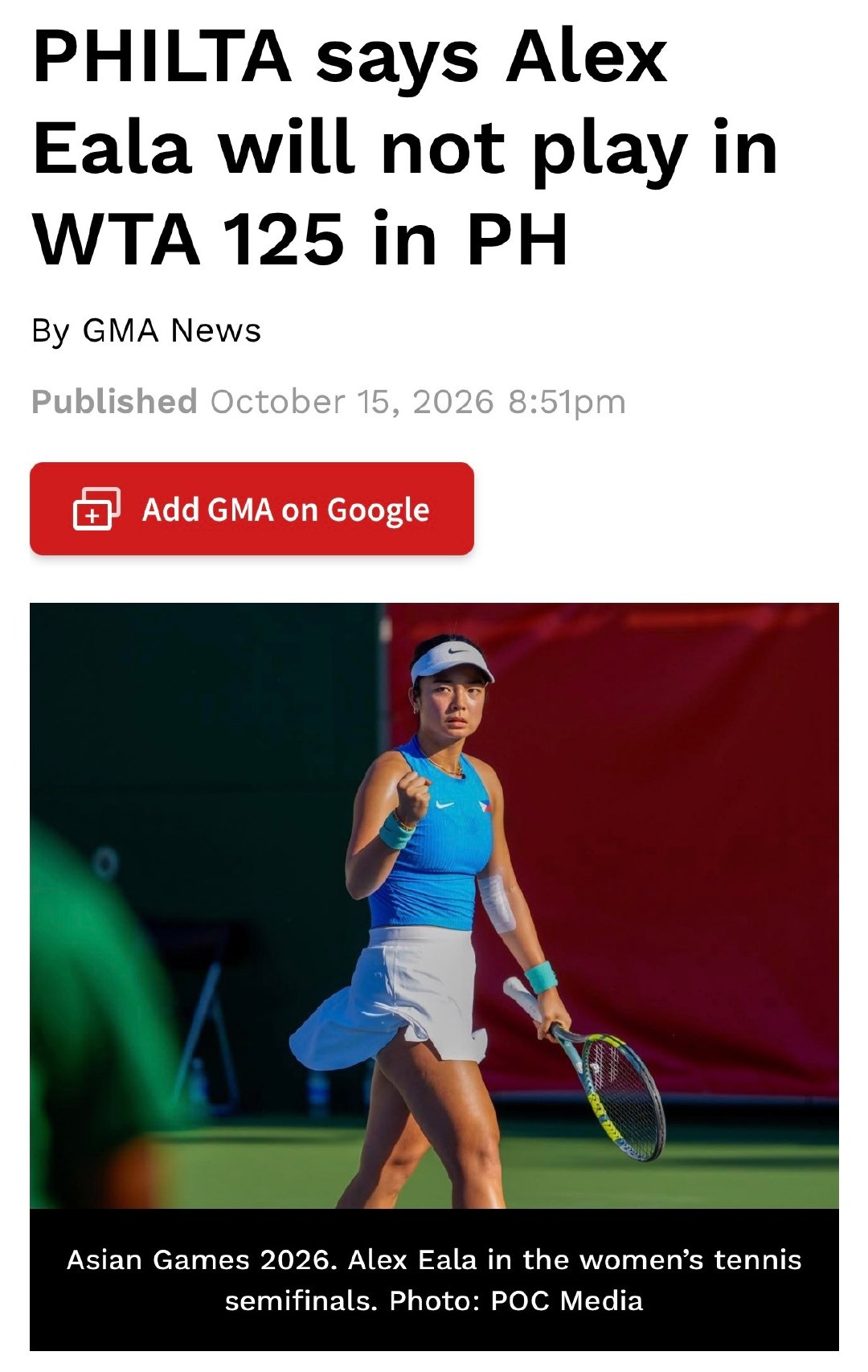 菲律宾网球协会官宣，伊埃拉将不会参加将于2027年1月举行的WTA125菲律宾女子公开赛，原因是规则