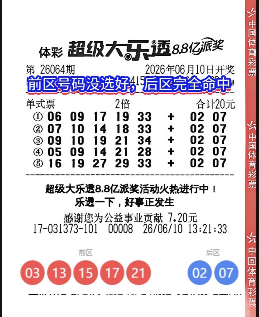 大乐透26064期遗憾晒票：后区完美全中，前区遗憾跑偏。大乐透26064期开