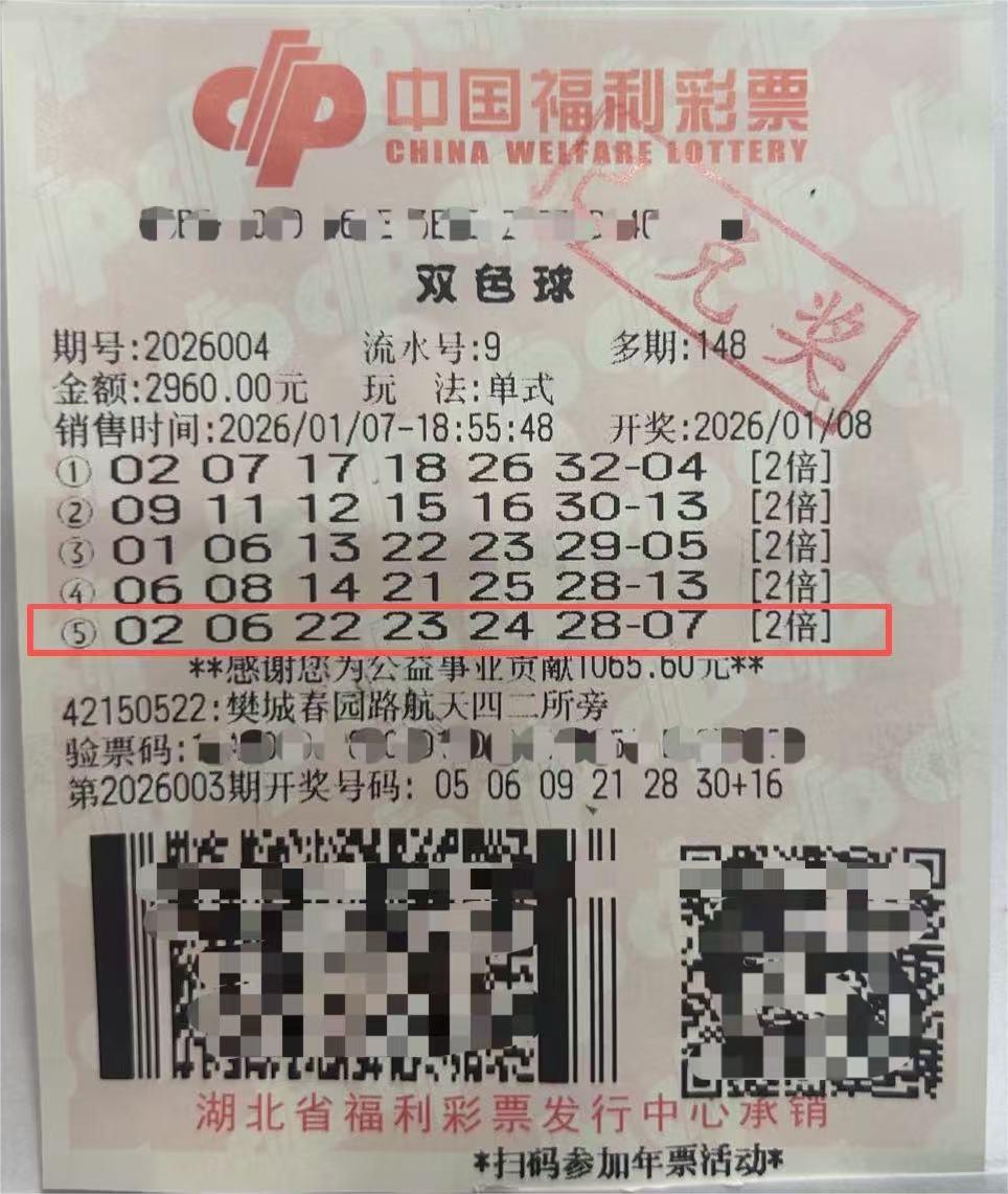 湖北首张中大奖的年票来了。1月7日晚，襄阳王先生（化姓）在购彩3D时，经店主介绍