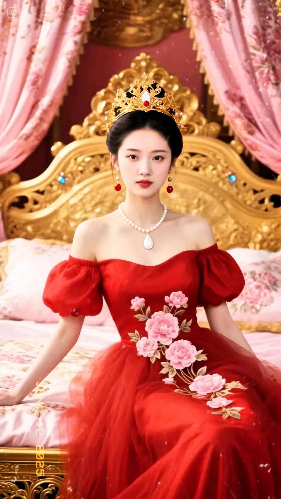 梦幻宫廷风，红衣公主坐金椅，惊艳！👑💖