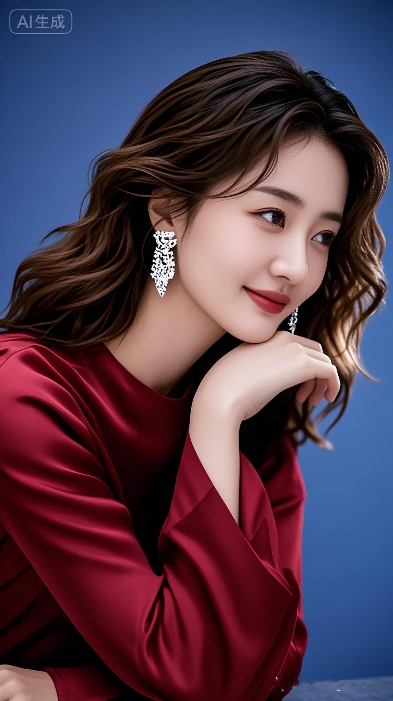优雅红衣少女，精致耳饰，温柔微笑，梦幻AI生成