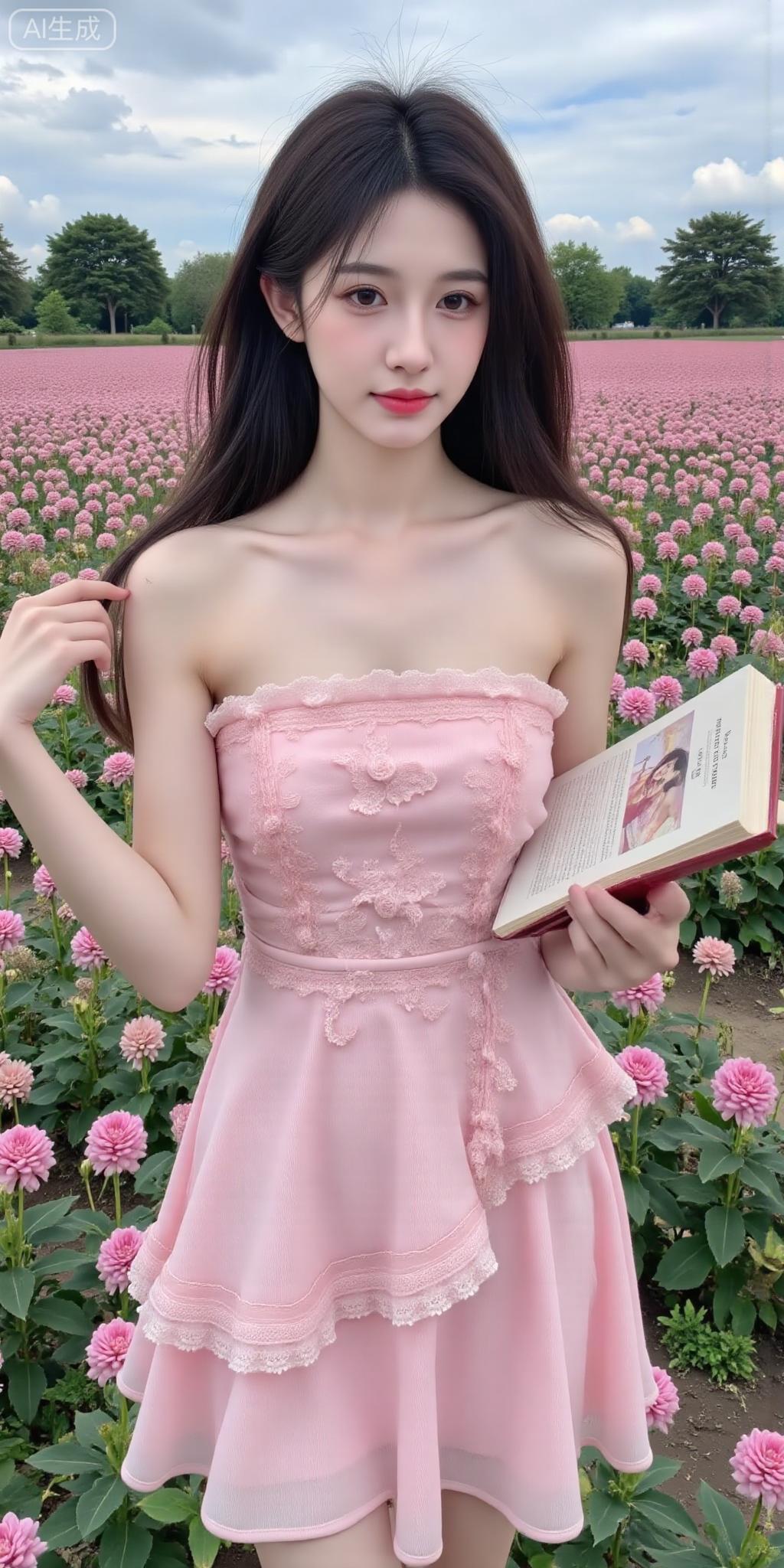 花田中的柔粉系少女粉纱裙裹着软甜感，蕾丝细节戳中少女心~手捧书卷坐在花海里