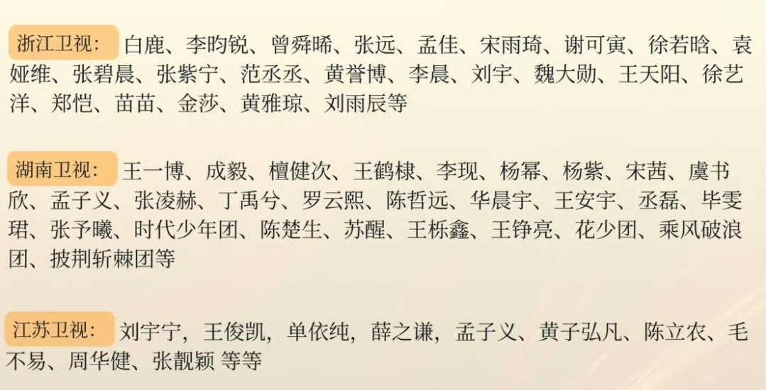 对比了下几家卫视的嘉宾名单这波貌似还是芒果台更胜一筹浙江卫视跨年晚会官宣