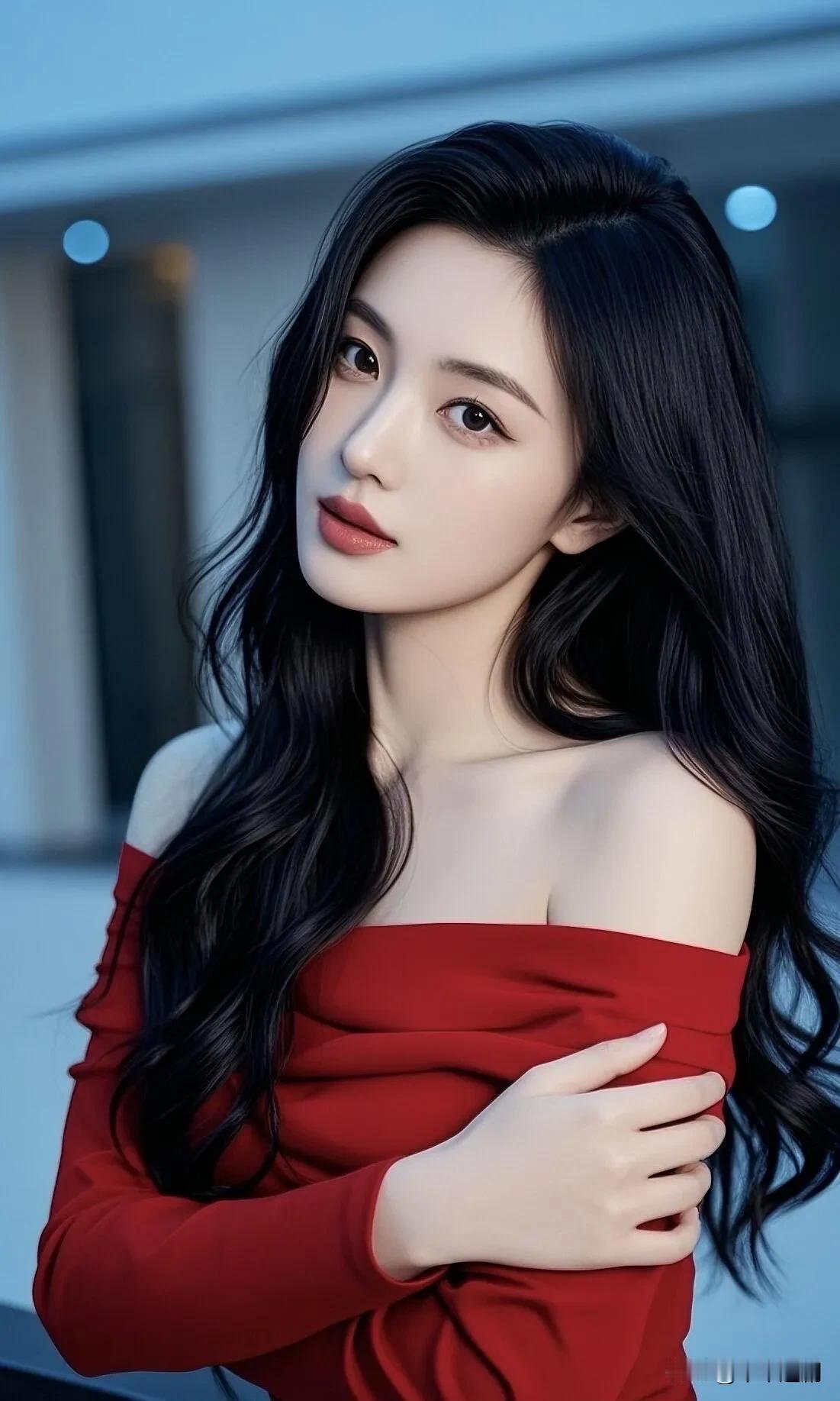 冷调的蓝调背景里，红裙如玫瑰盛放，黑长发缱绻肩头，是惊艳时光的明艳与温柔复