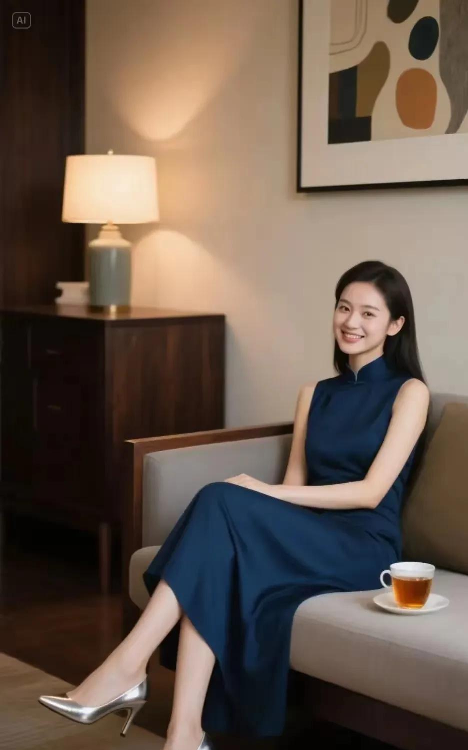 蓝衣少女柔光悄染靛罗裳，浅笑依沙发上香。银履茶烟相映处，风华漫卷韵悠长。