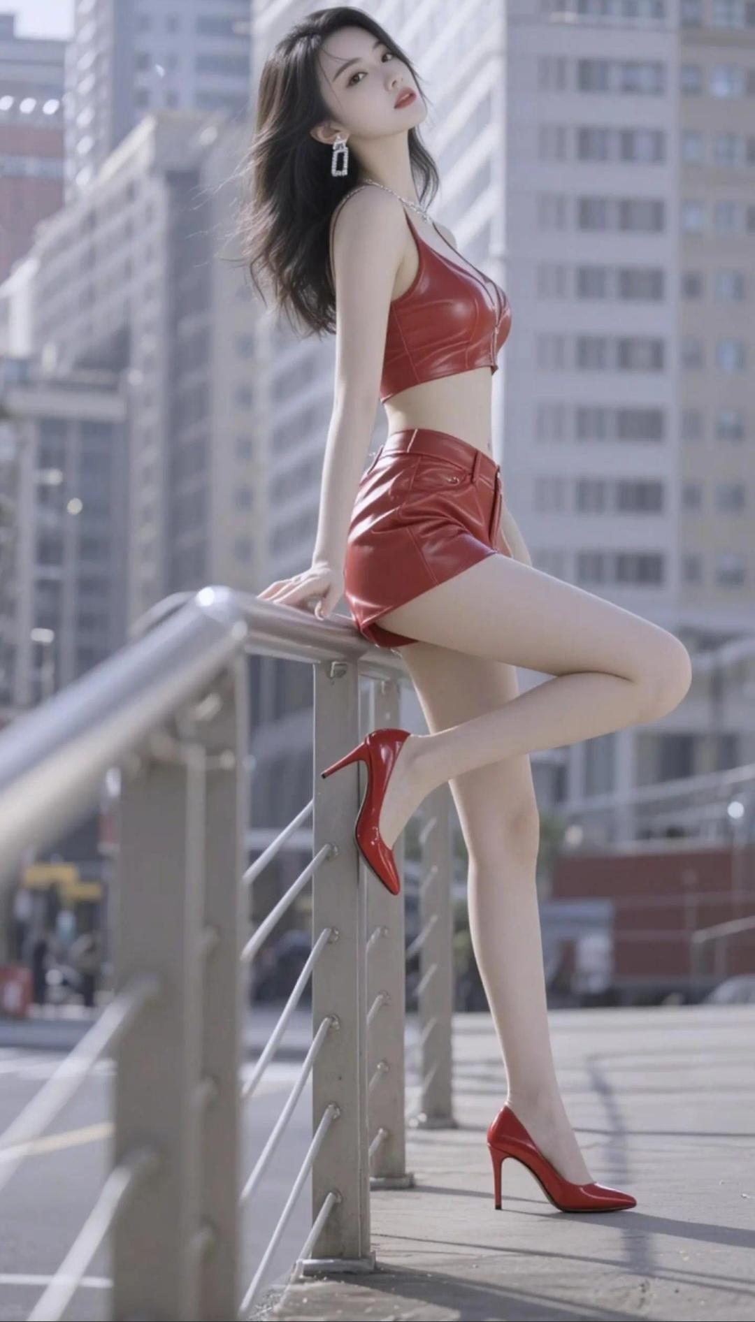 红衣美人倚栏杆，风姿绰约似画中。