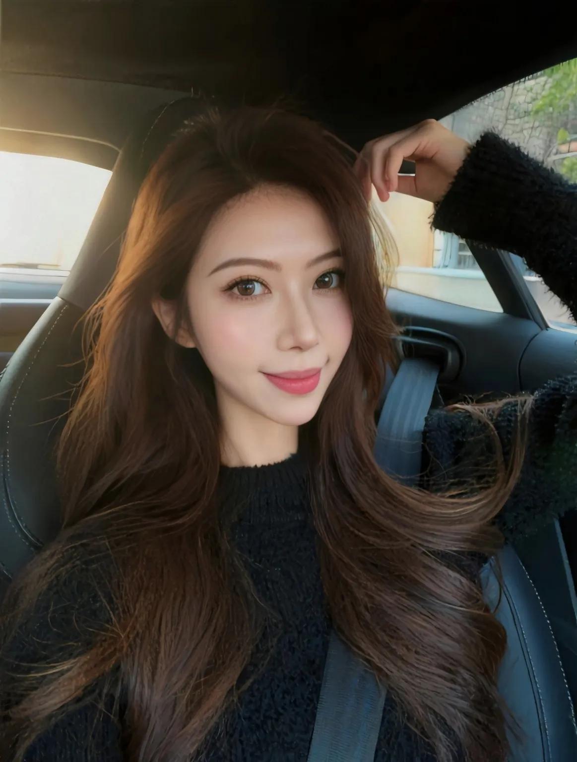 阳光洒在长发上，她微笑着开车。美少女的微笑小姑娘微笑阳光型笑容海边微笑美影