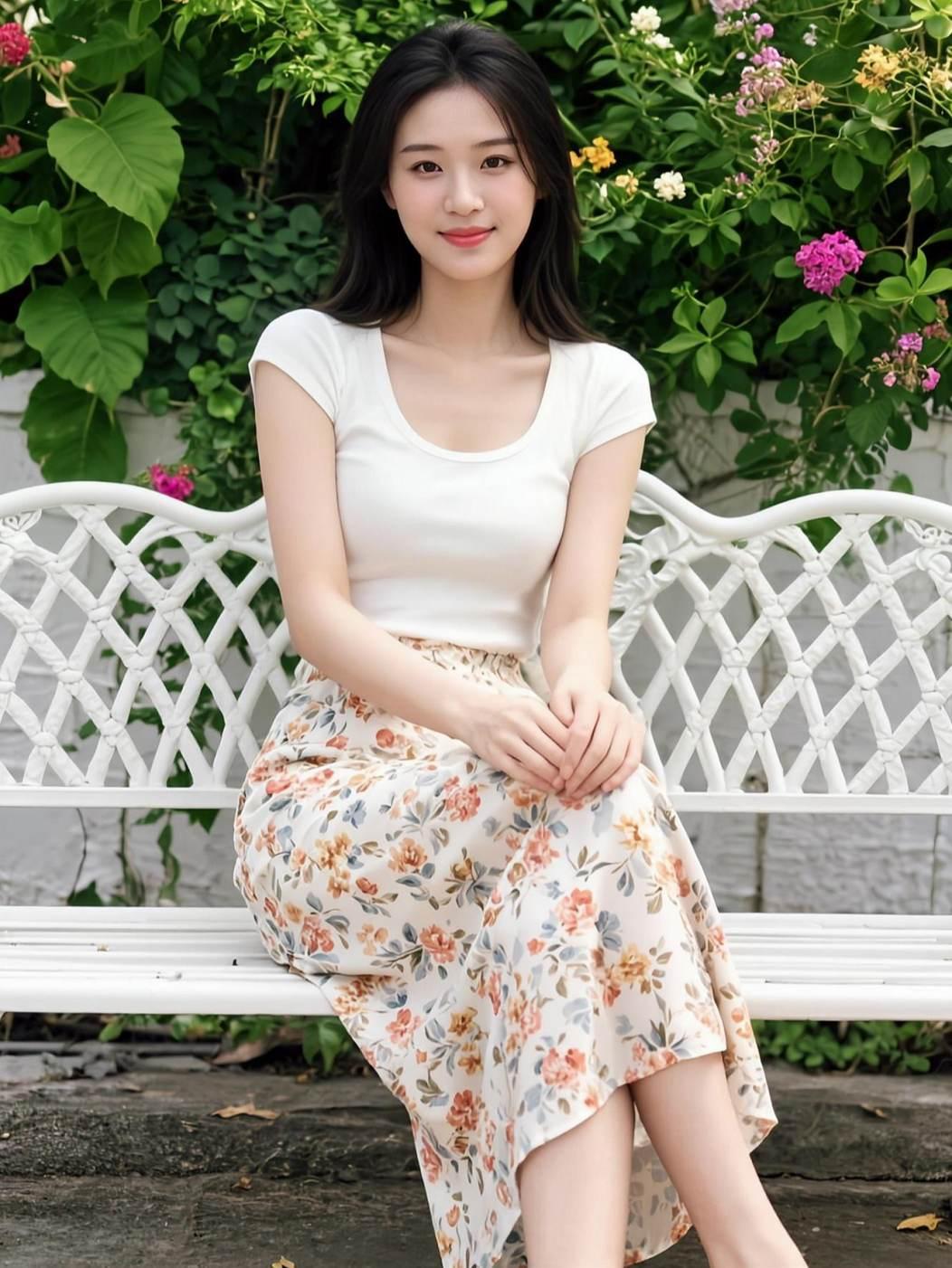 阳光洒在碎花裙上，仿佛时间都慢了下来。白色上衣搭配浪漫的裙摆，像一首轻快的诗，写