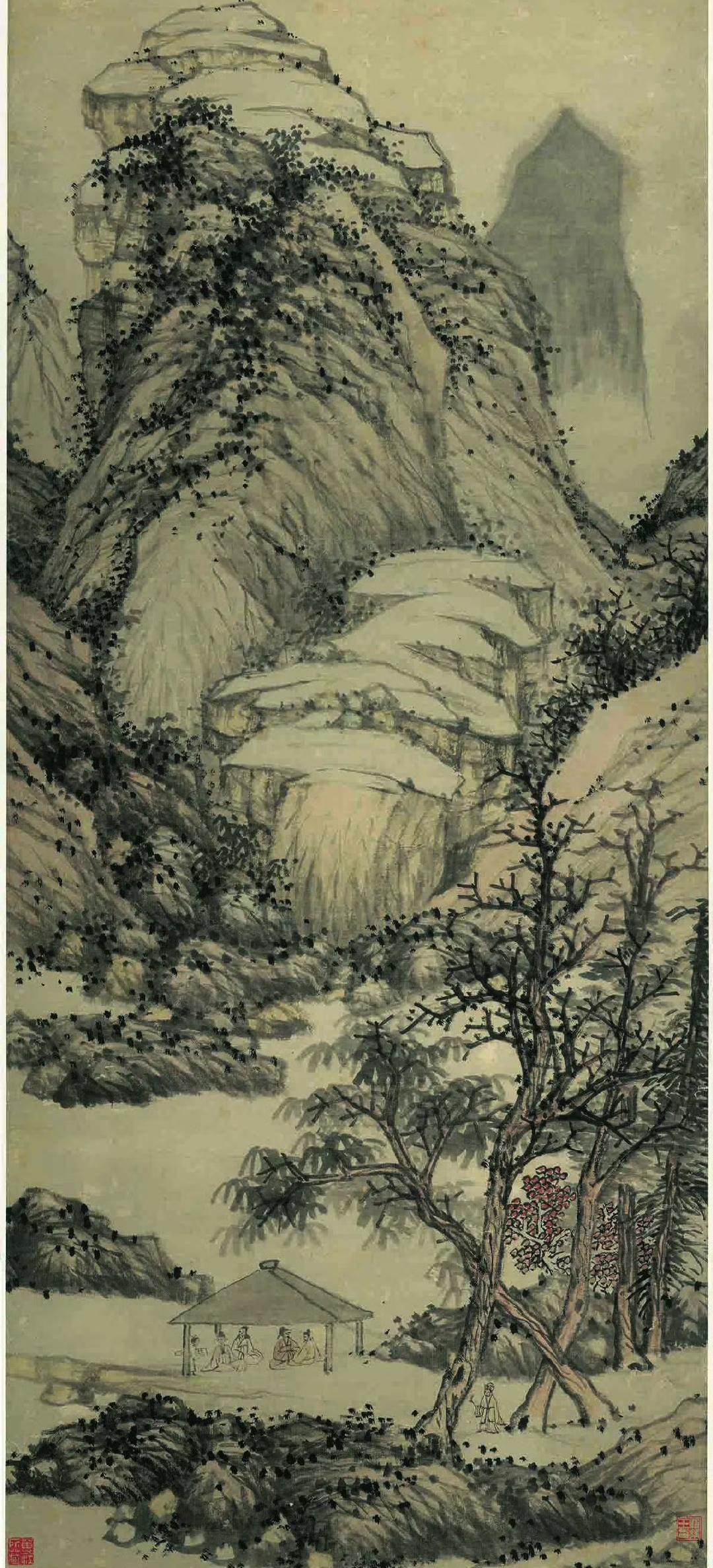 明.沈周《山水轴(魏园雅集)》。郑板桥的竹子画的好，题款更妙。清.李鱓