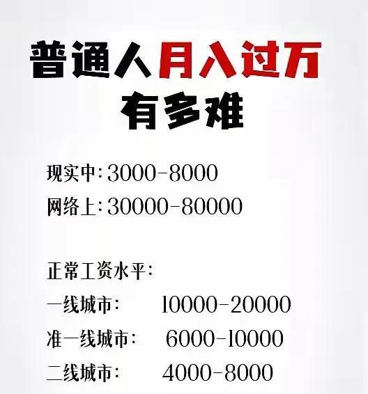 全国真实工资水平，中国普通人每月工资能过万的都算高工资，一般人每月工资在3000