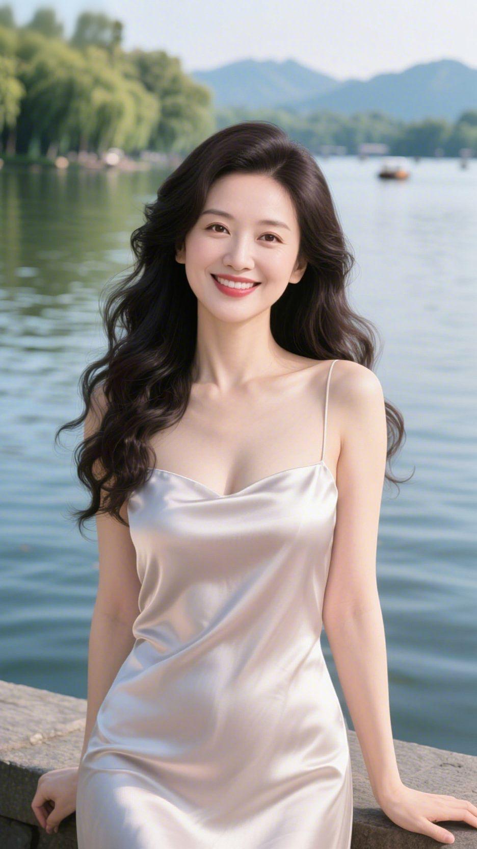 丝影映湖光缎面白裙揉进湖光里，像揉碎的月光，裹着一份清润的温柔。她倚着石栏