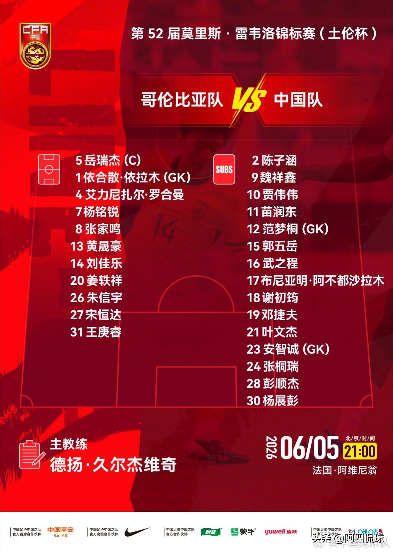 中国国青队轮换球员首发出战，力争战胜小组最弱的哥伦比亚，取得本届土伦杯第二场胜利