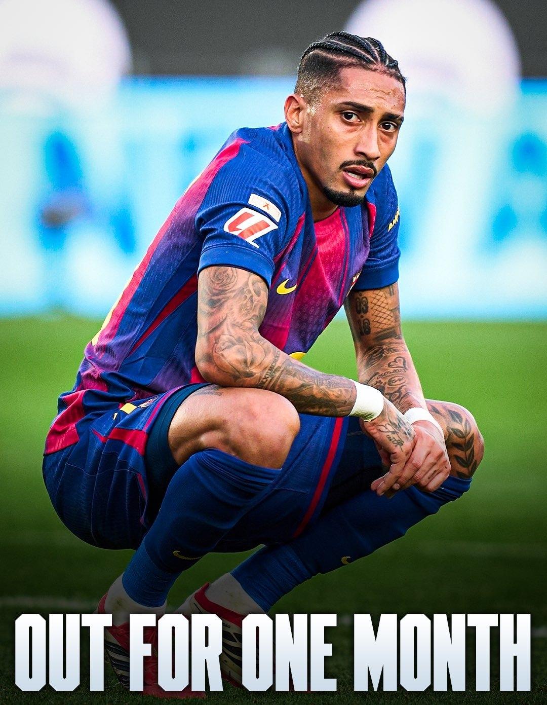 欧洲转会新闻！★惊天噩耗！经检查确认，拉菲尼亚右大腿股二头肌受伤，将伤缺5周