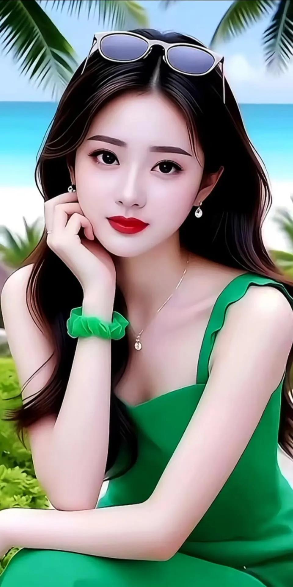 夏日沙滩美照，绿裙少女与海浪相伴美女美女街拍