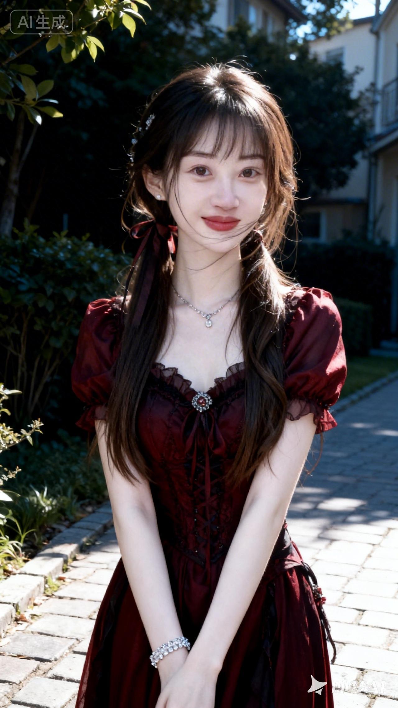 复古红裙少女，阳光下的甜美时光