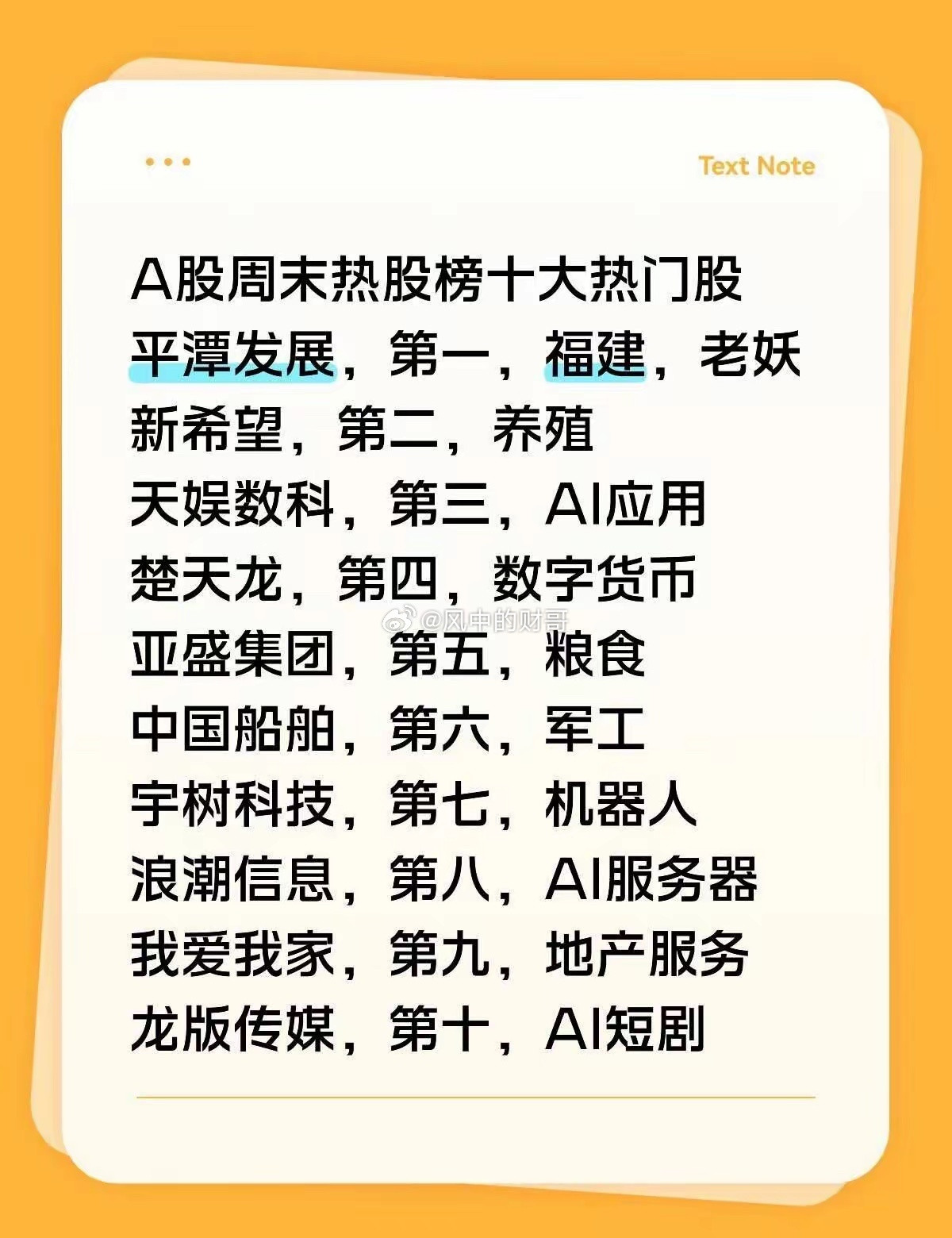 A股周末热股榜十大热门股：#财经##a股##股票#平潭发展，第一，福建，老妖新希望，第二，养殖天娱数
