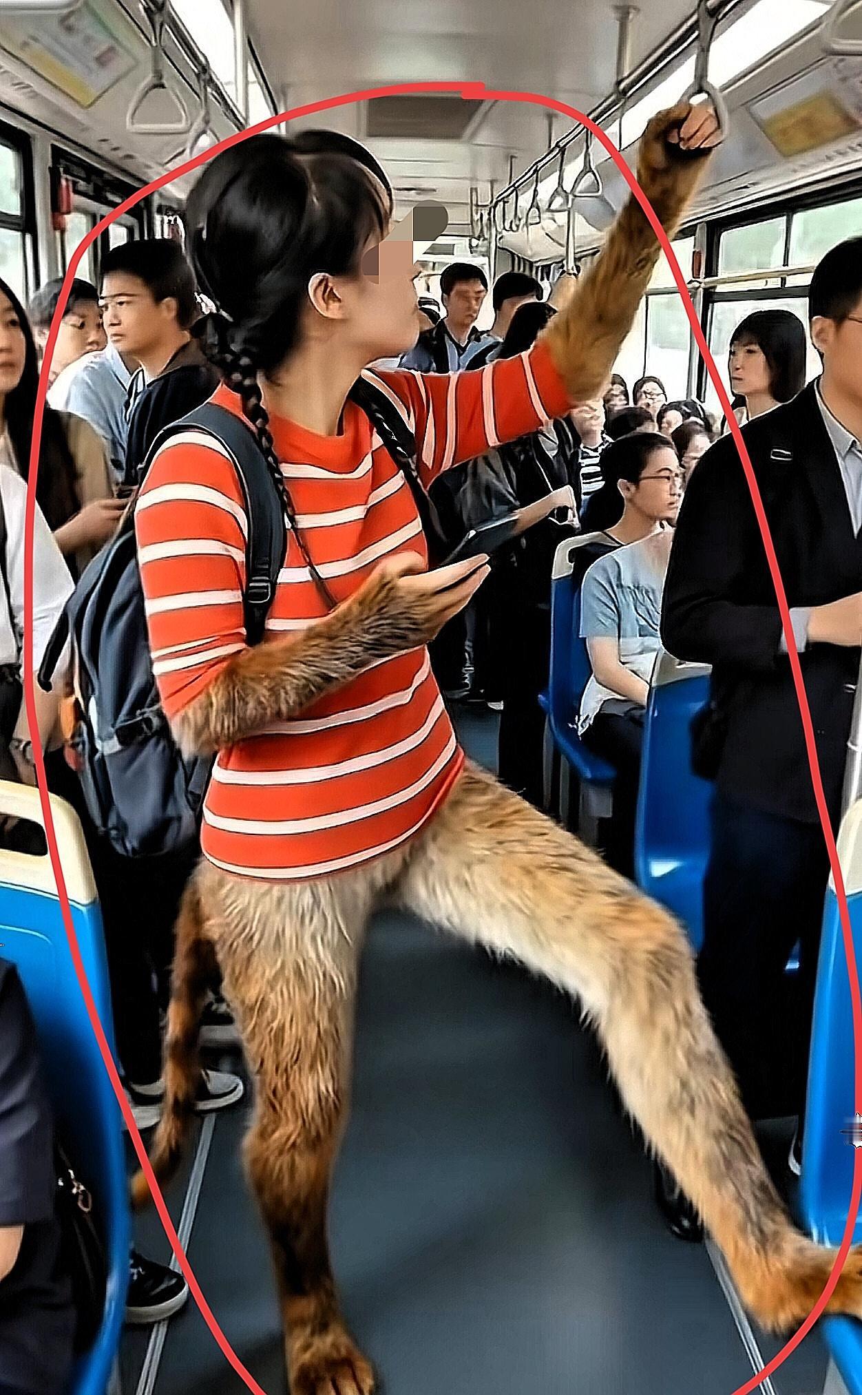 西安公交这一幕，直接把人看愣——清秀姑娘低头刷手机，腿上那毛茸茸的“兽纹裤”