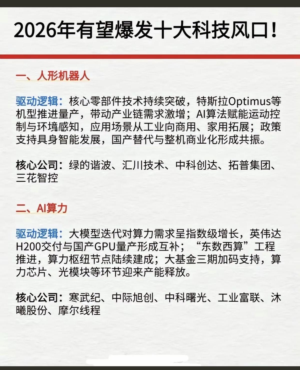 2026年有望爆发的十大科技风口！1.人形机器人2.AI算力3.商业航天