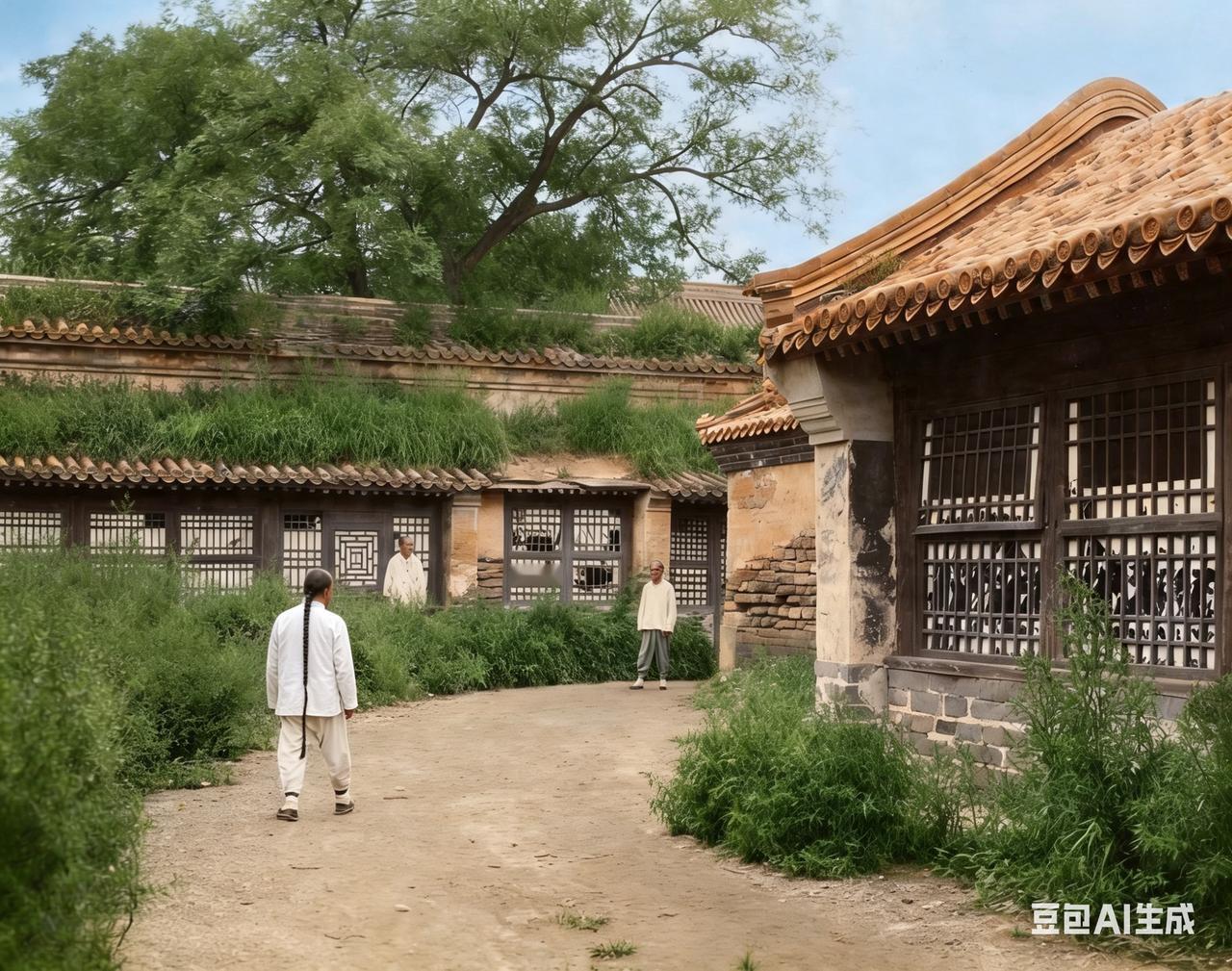 晚清太监在自己的住所旁闲逛。住所的窗户破败不堪，但他们也没有维修。因为这是夏天，