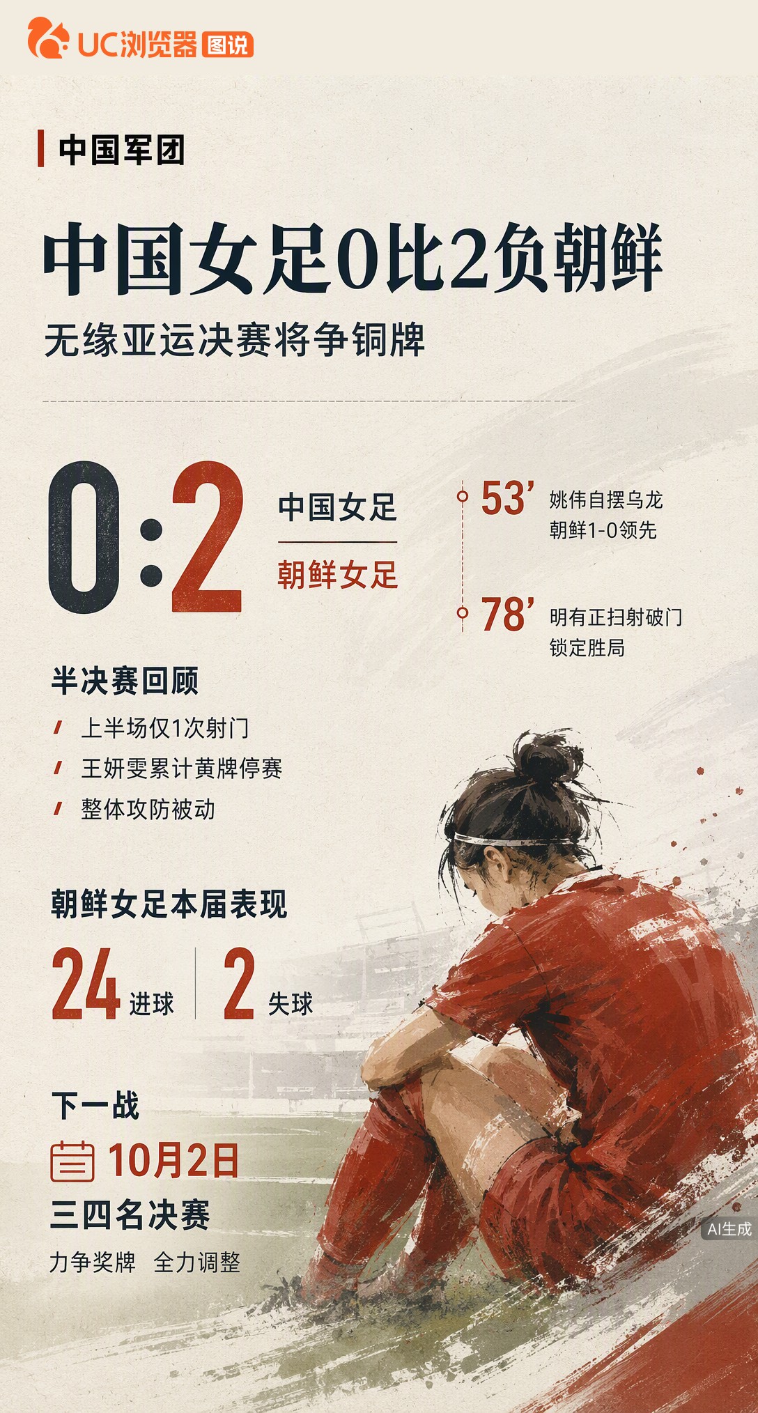 亚运女足半决赛0-2不敌朝鲜，姚伟乌龙+明有正破门。上半场仅1射，王妍雯停赛缺阵影响明显。10月2日