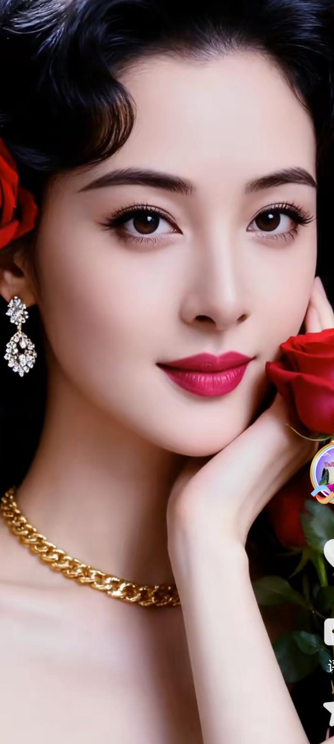 复古红玫瑰，优雅气质，闪耀耳环，金链项链，完美妆容，女神范儿十足！