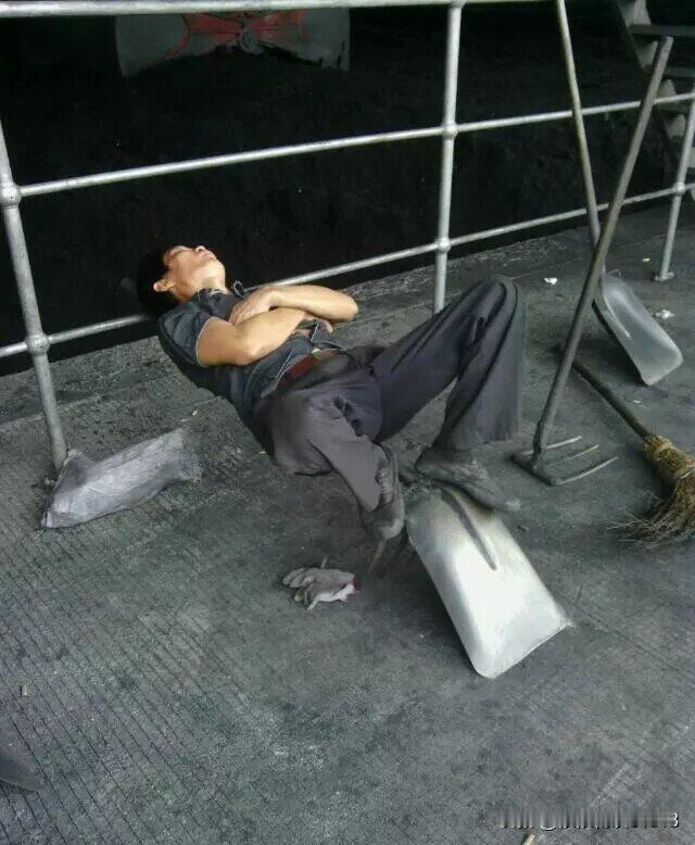 见过各种各样睡觉的，还是头一回见到这样的。脚下就踩一把铁锹，就这样直接睡着了。