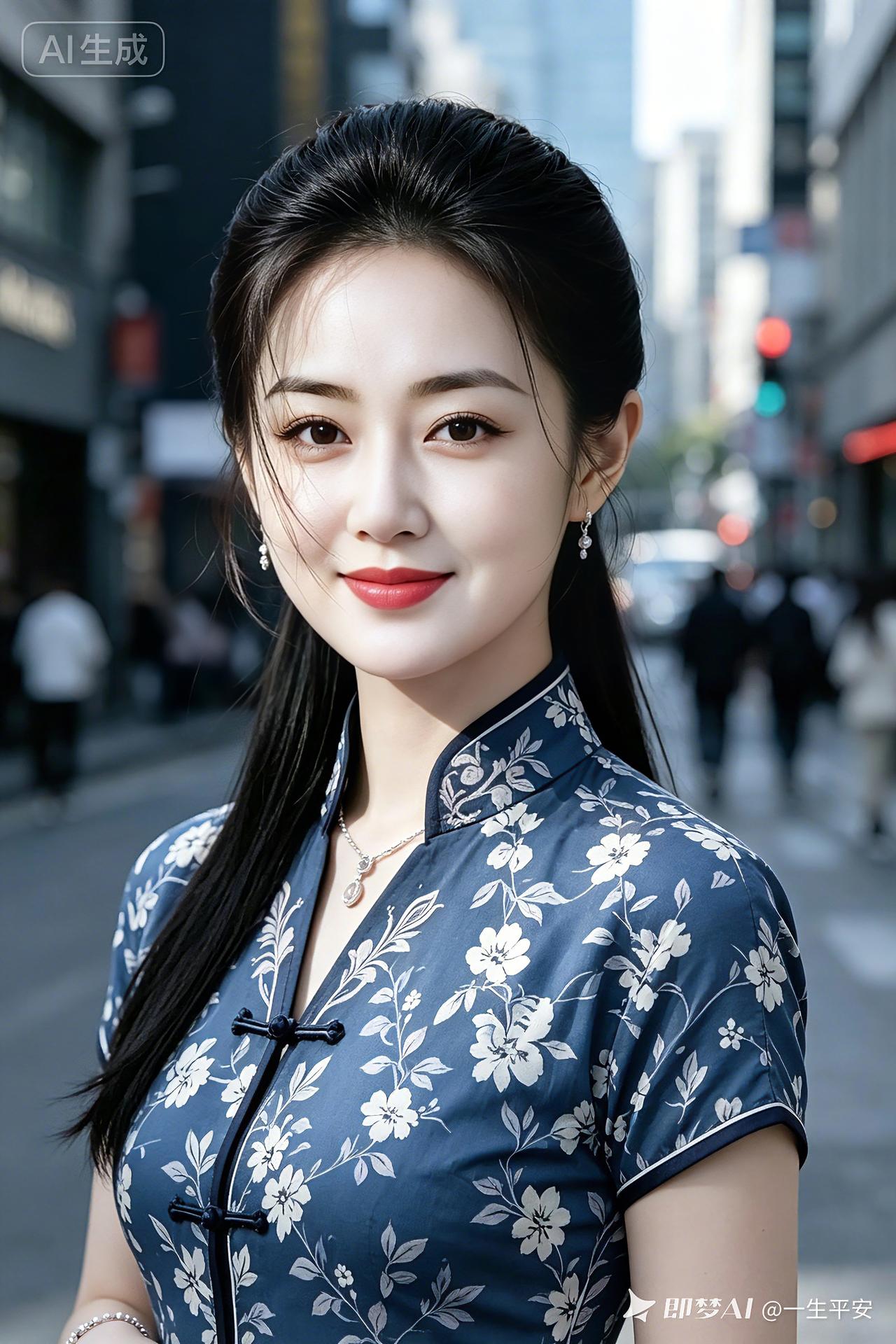 这位小姐姐穿着花旗袍，在街上拍照。1. 蓝花旗袍身上穿，​2. 走在都市大