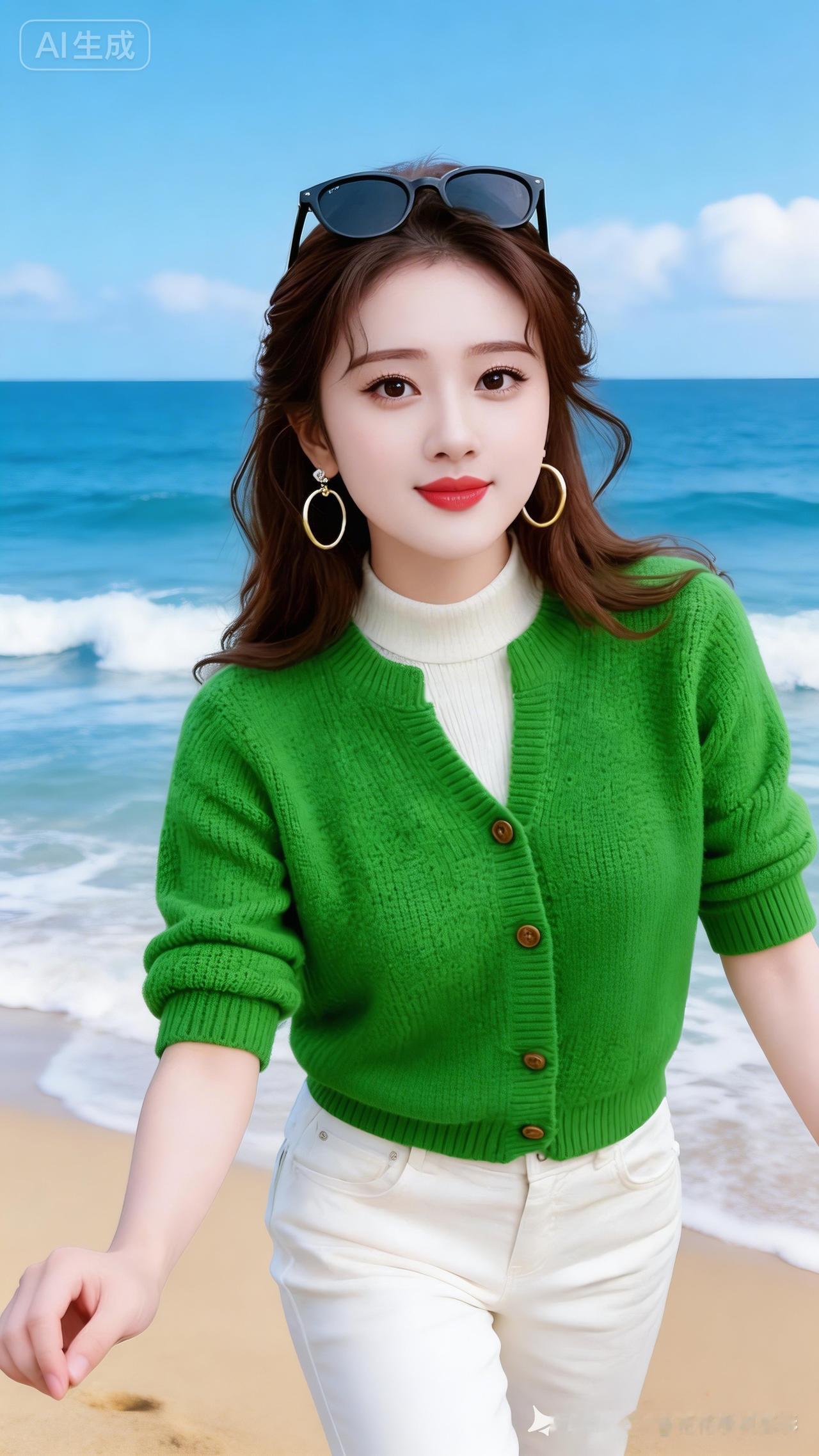 海边漫步，绿衣少女与海浪共舞