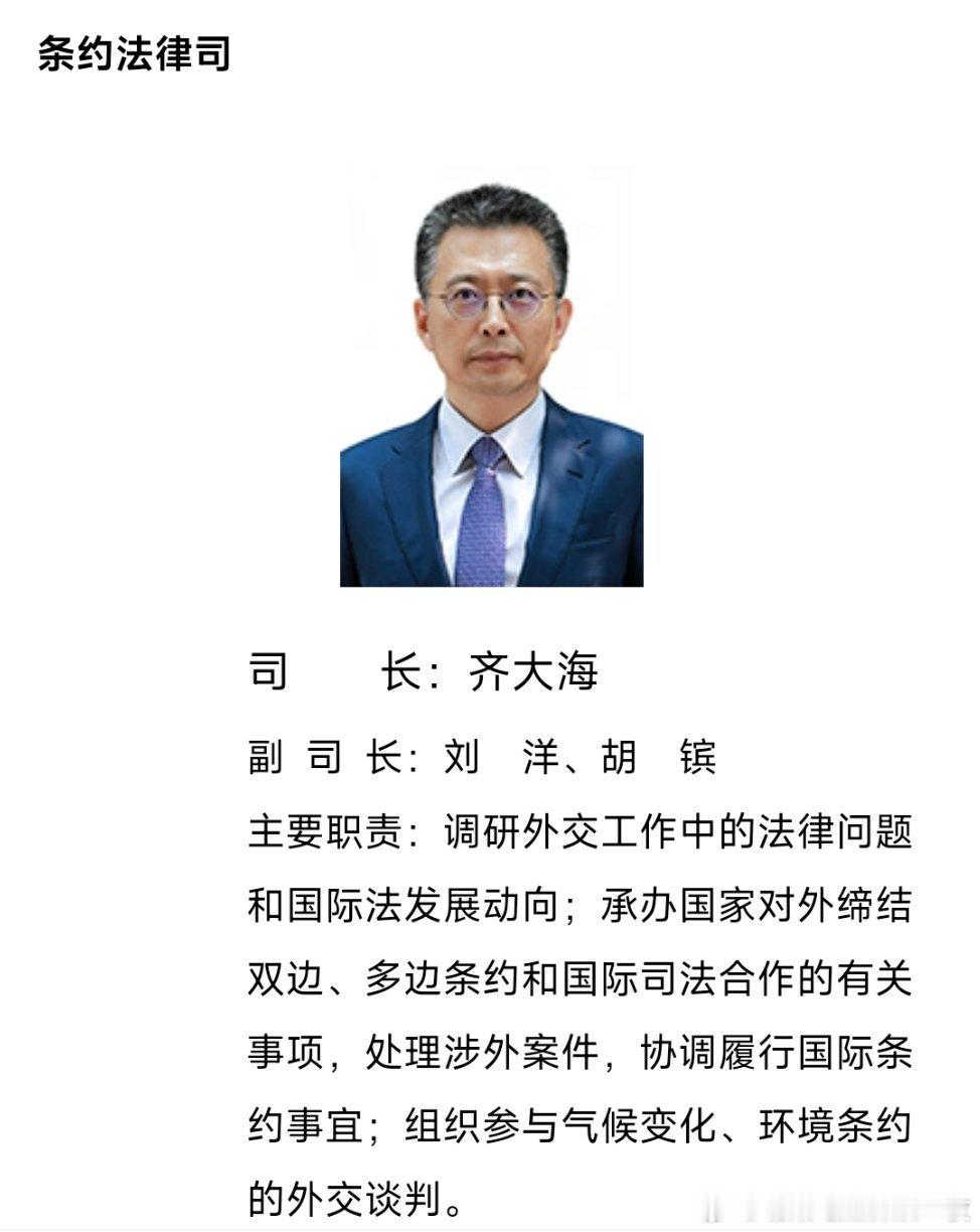 齐大海已任外交部条约法律司司长。