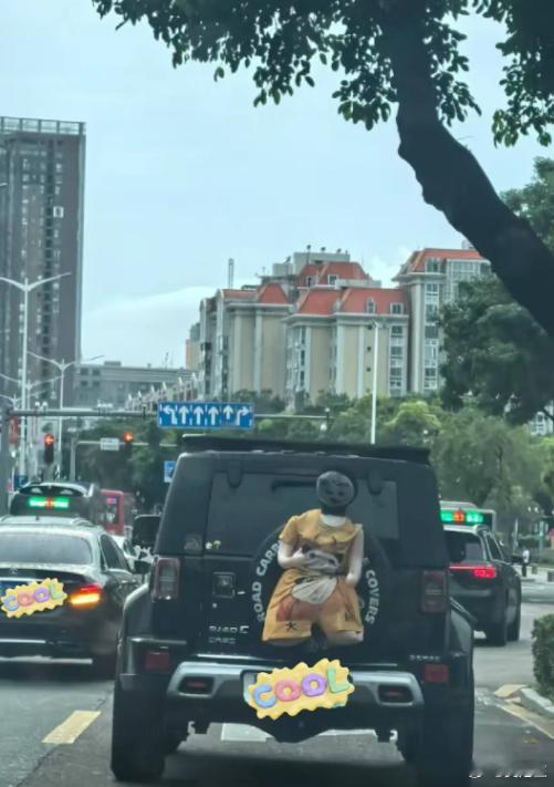 谁家好人车尾带个这啊？[笑着哭]路上看到前方车尾带个大公仔，有被吓到，谁知道这