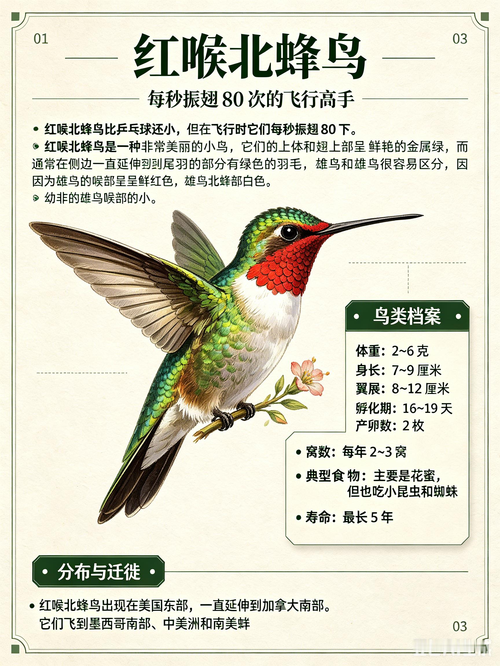 鸟类朋友图鉴红喉北蜂鸟红喉北蜂鸟比兵乓球还小，但在飞行时它们每秒振翅80下