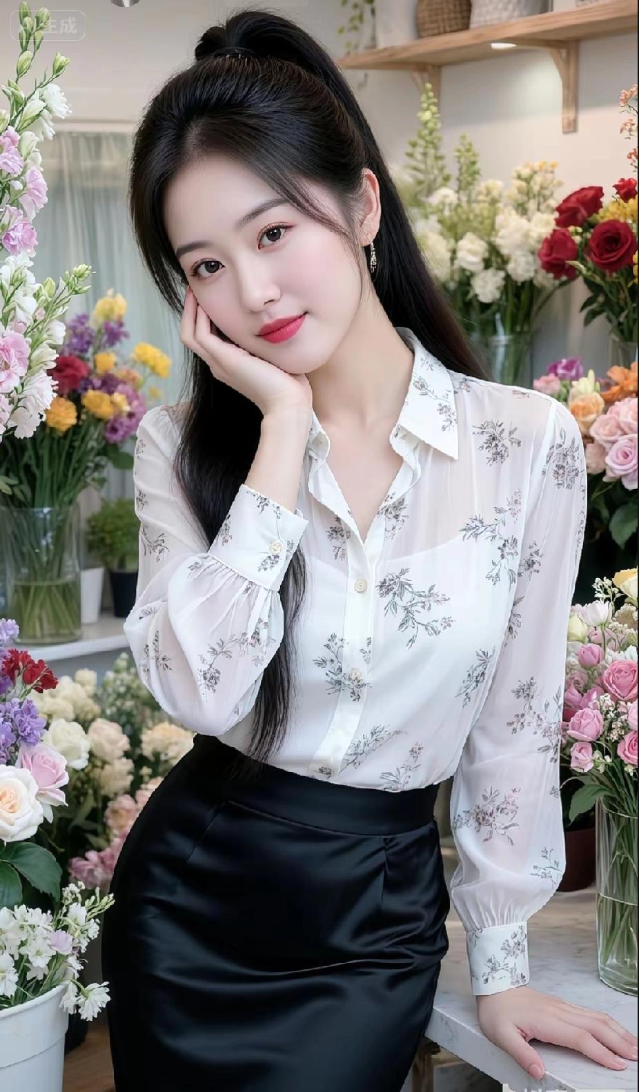 温柔花海中的优雅少女，白衬衫与黑裙的完美搭配，尽显清新与时尚。