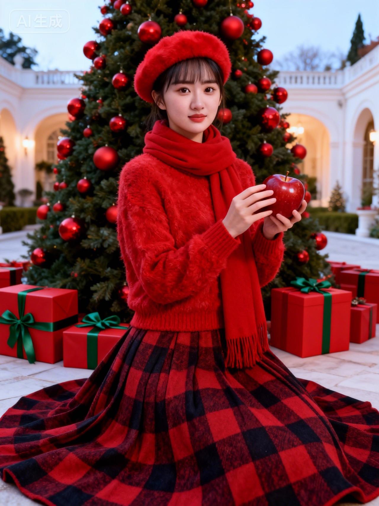 冬日暖阳下，红衣女孩与圣诞树相映成趣，手持苹果，甜美动人。