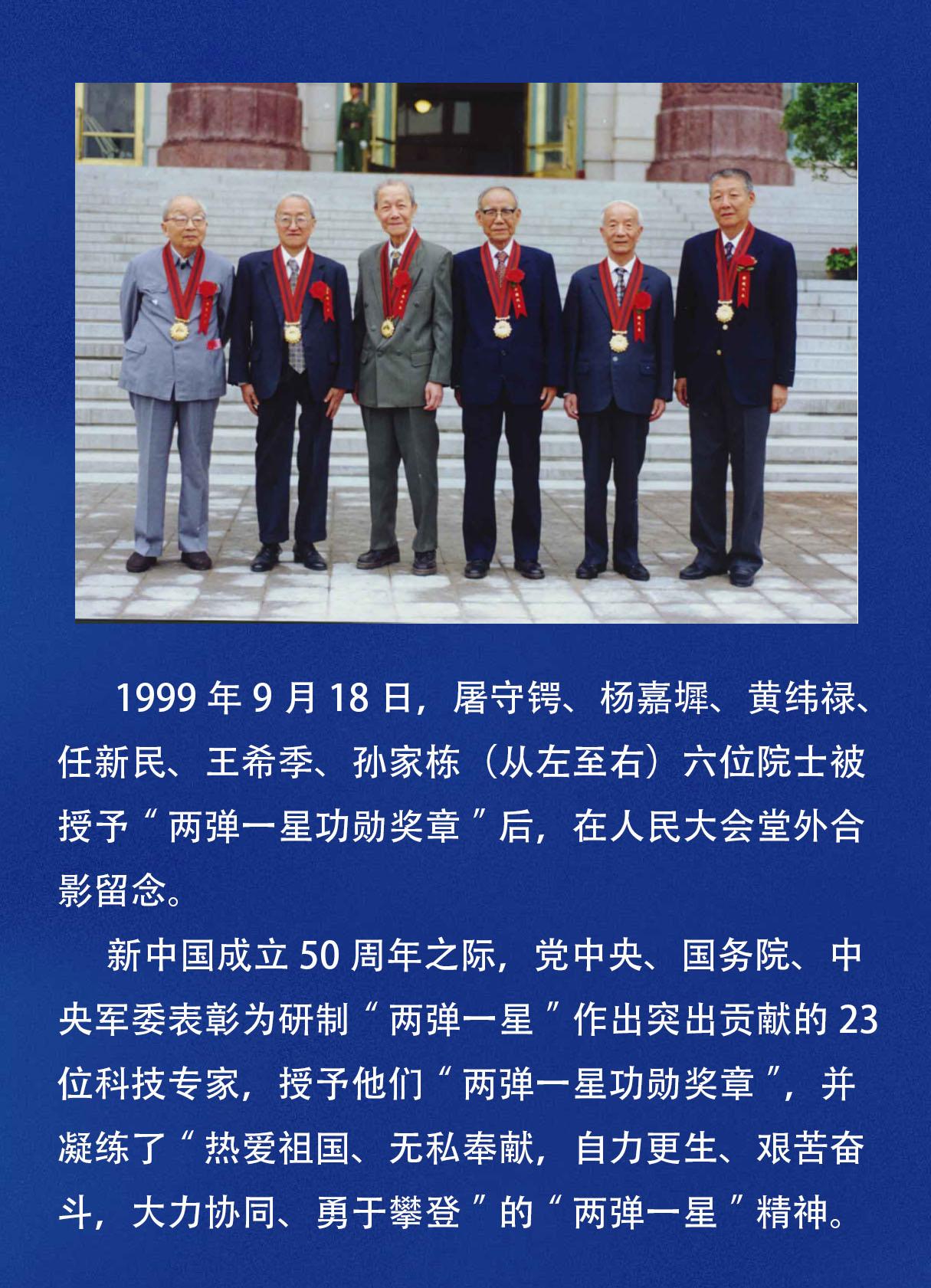 1999年9月18日，人民大会堂授勋仪式结束后，六位航天领域“两弹一星”功勋奖章