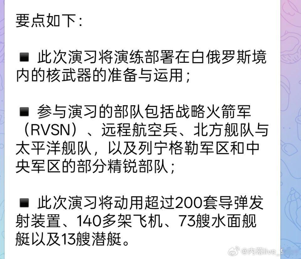俄罗斯国防部消息称：俄军已开始进行核力量准备与运用演习，演习将于5月19日至21
