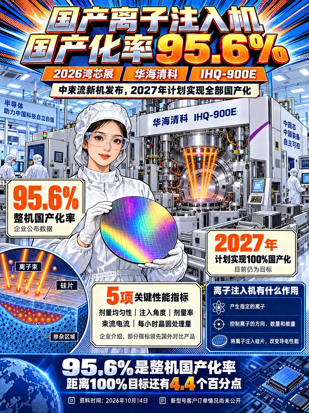 华海清科离子注入机国产化率达95.6%，2027年还差哪一步?10月14日，