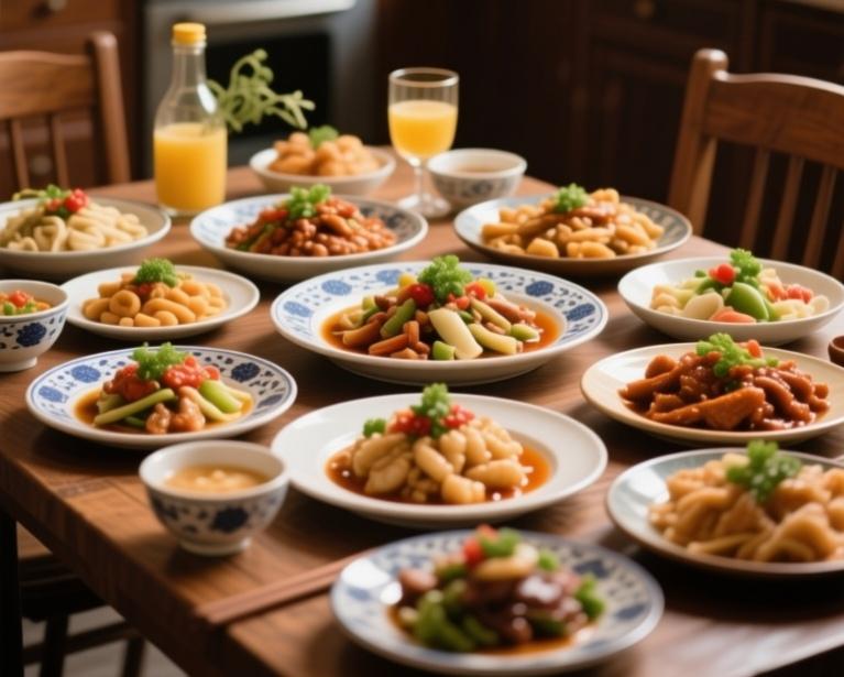 家常便当，色香味俱全，健康美味！🍜🥗🍲。旁边西葫芦薄如蝉翼，蒜蓉一爆，翠绿