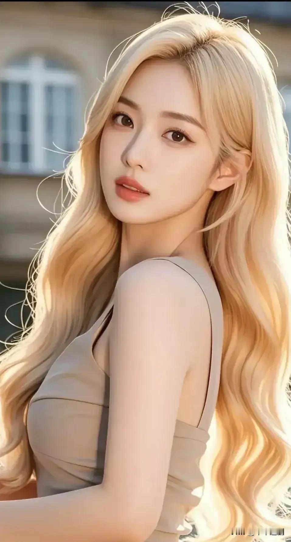 金发卷着落日的光，裸色裙衬着温柔的骨，回眸间是揉碎的浪漫与慵懒。黑发红唇女神