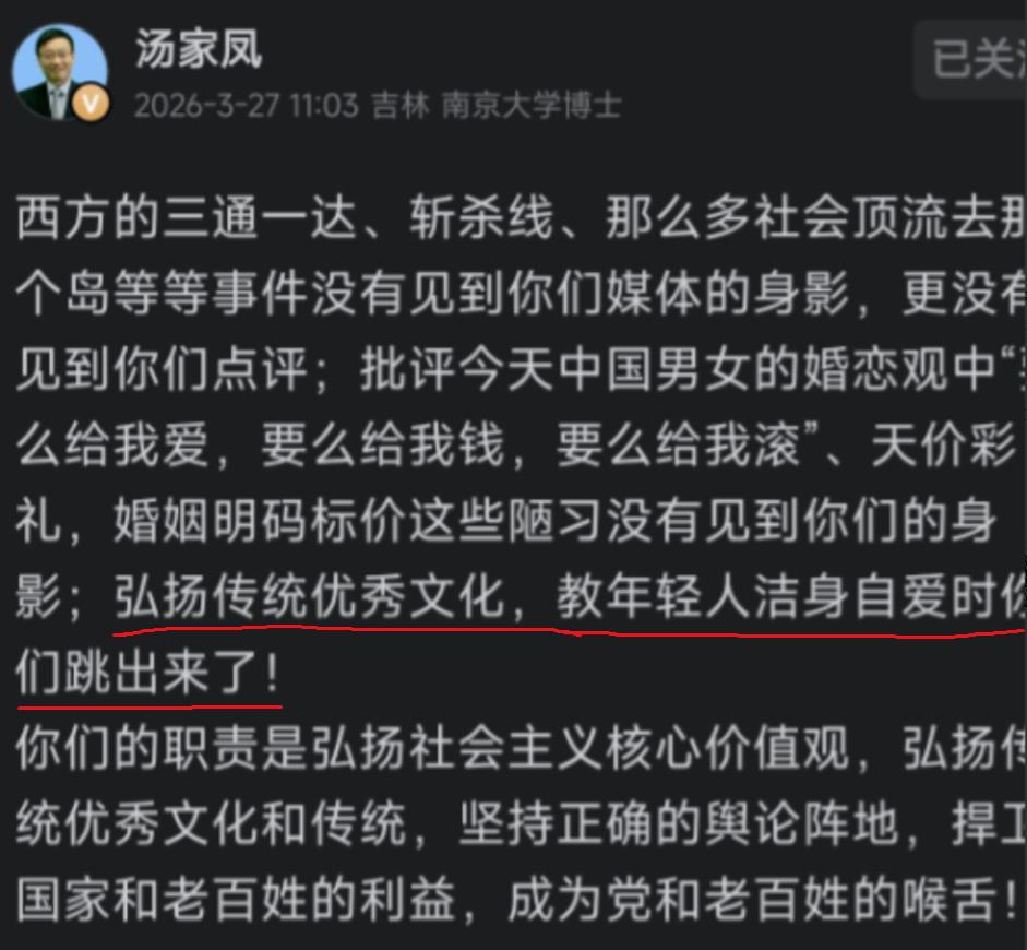3月26日，汤家凤发文批评某些媒体对于西方的三通一达、斩杀线、萝莉岛一声不吭，对