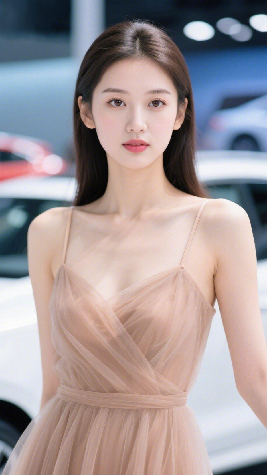 清风揽温柔展厅的光影间，她如清风般舒展自在，浅杏色的纱质裙装轻盈垂落，似揉