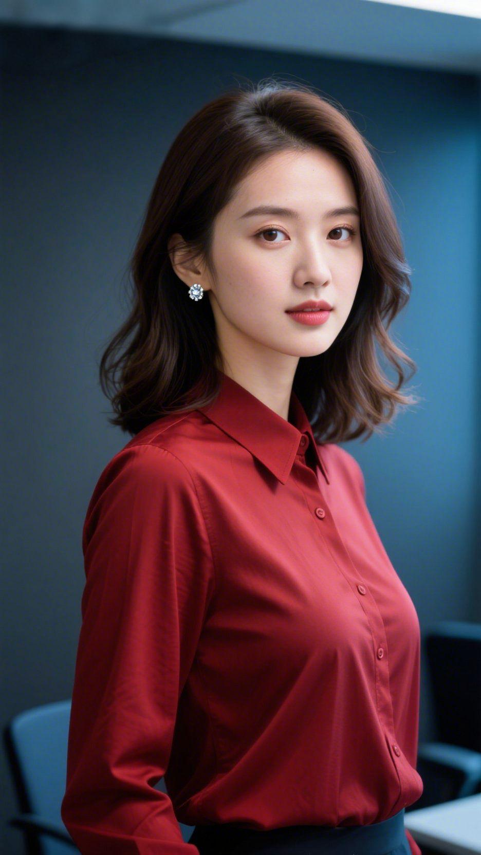 《红衫里的轻静》室内浅光柔落时，酒红衬衫衬出舒展的模样，领角轻垂的姿态，浸