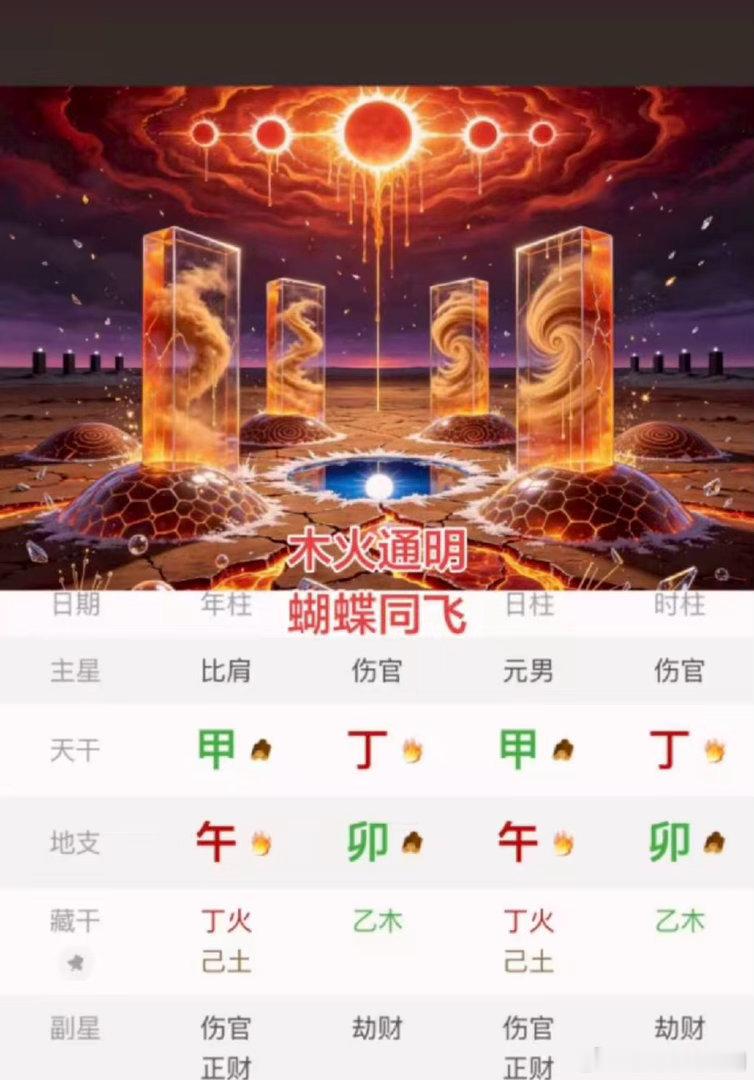 长板：木火通明+蝴蝶双飞上等贵格，身旺食伤泄秀纯粹，天资聪慧才华横溢，贵人不断、