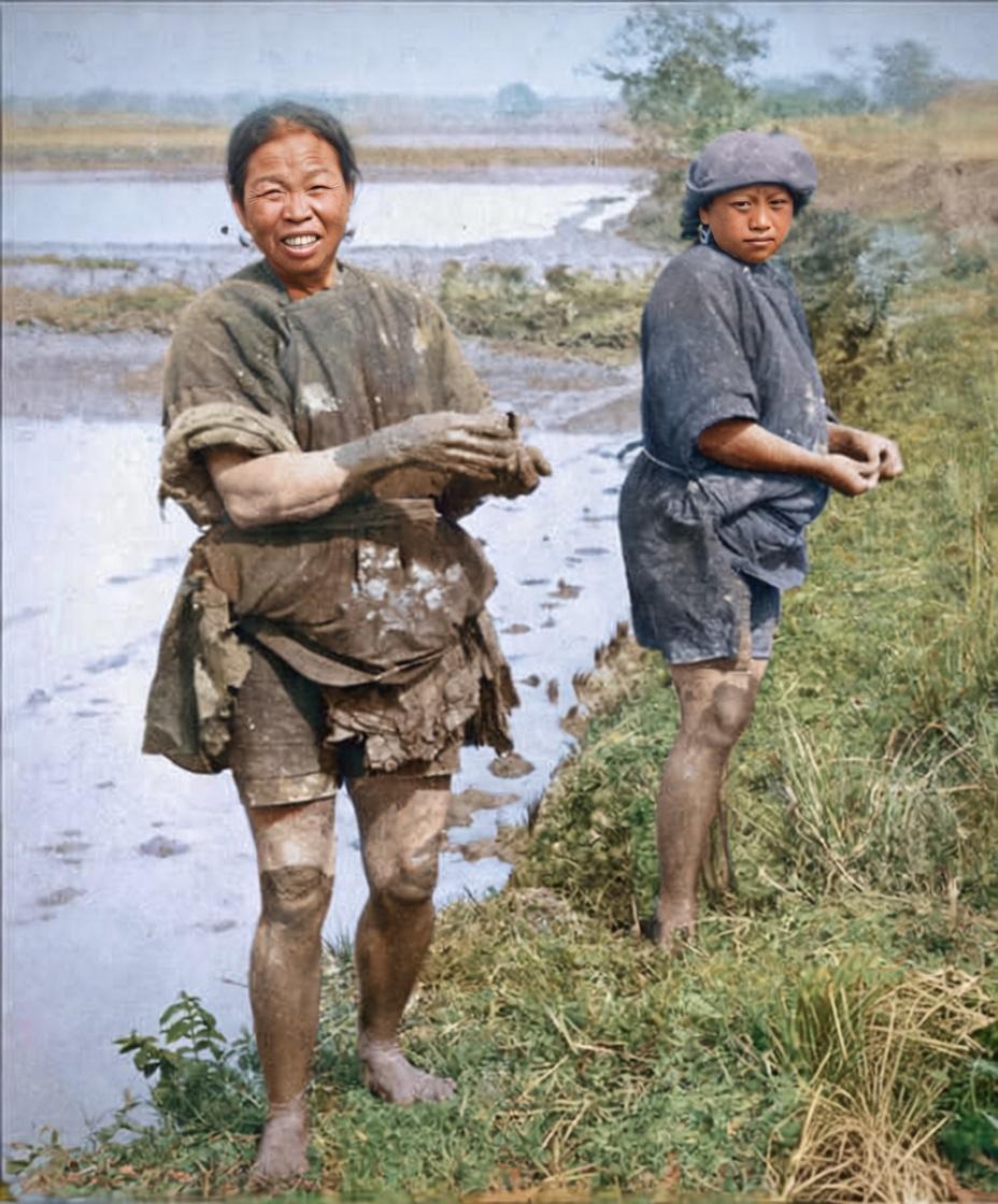 晚清，南方农村一对母女在稻田里劳作，母亲衣衫褴褛、沾满泥污，赤足站在田埂上，双手
