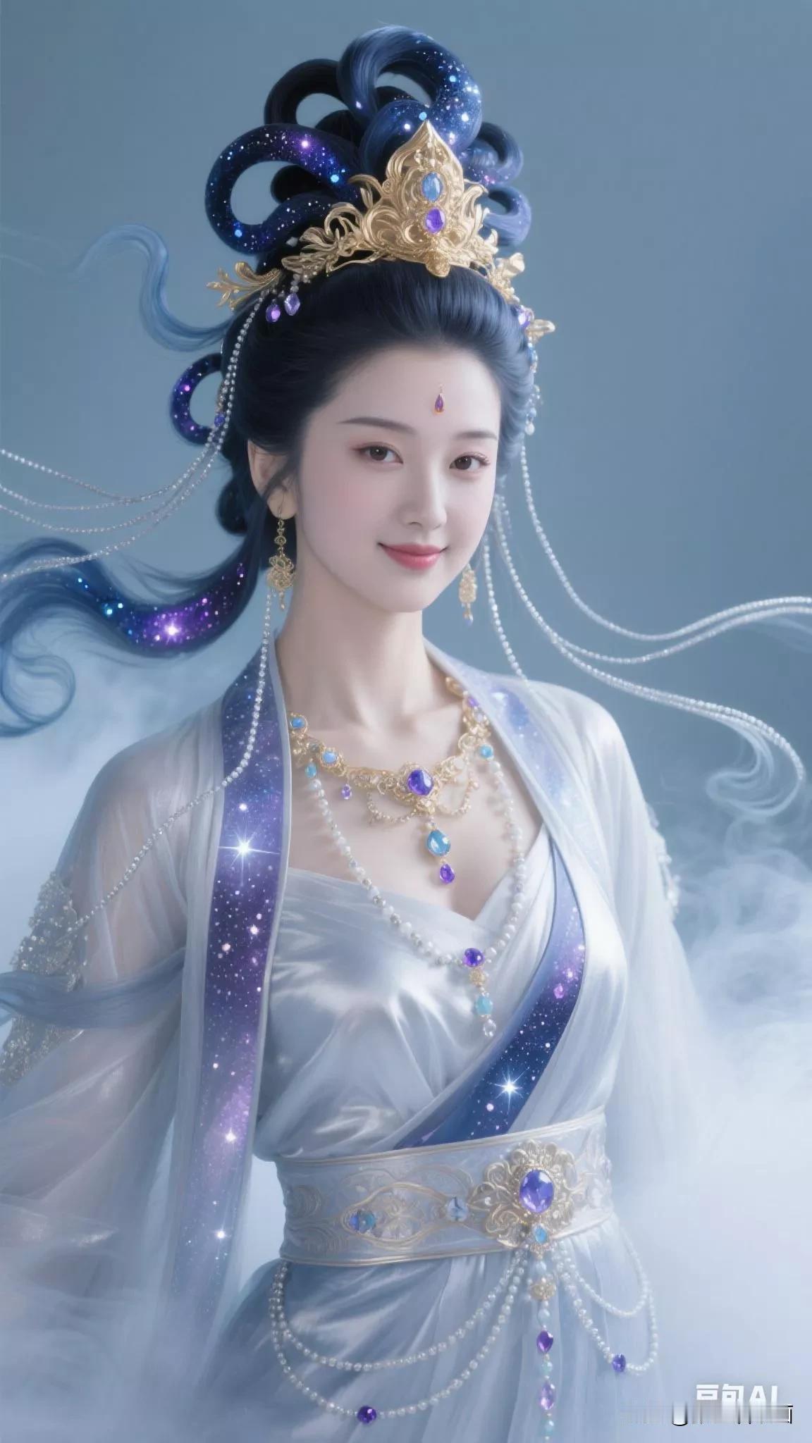仙气飘飘的女神，梦幻般的古风装扮。张立启原创书画AI作品古仕女发髻集锦第282期