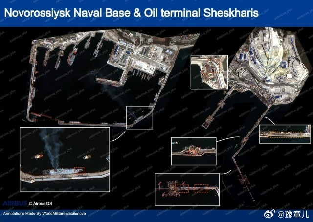 4月5日，乌克兰飞机型自杀式无人机袭击后，俄罗斯的谢斯哈里斯石油码头和新罗西斯克